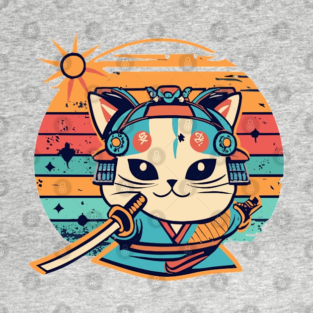 Kawaii Cat Samurai Colorful Retro Design by TF Brands